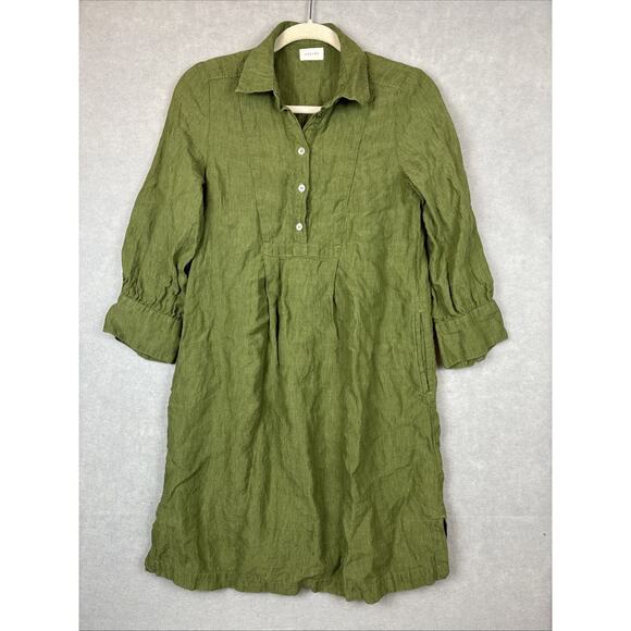 Poetry Dress Size 2 100% Linen Green 3/4 Sleeve Button Side Slit Pockets Preppy - Picture 1 of 11
